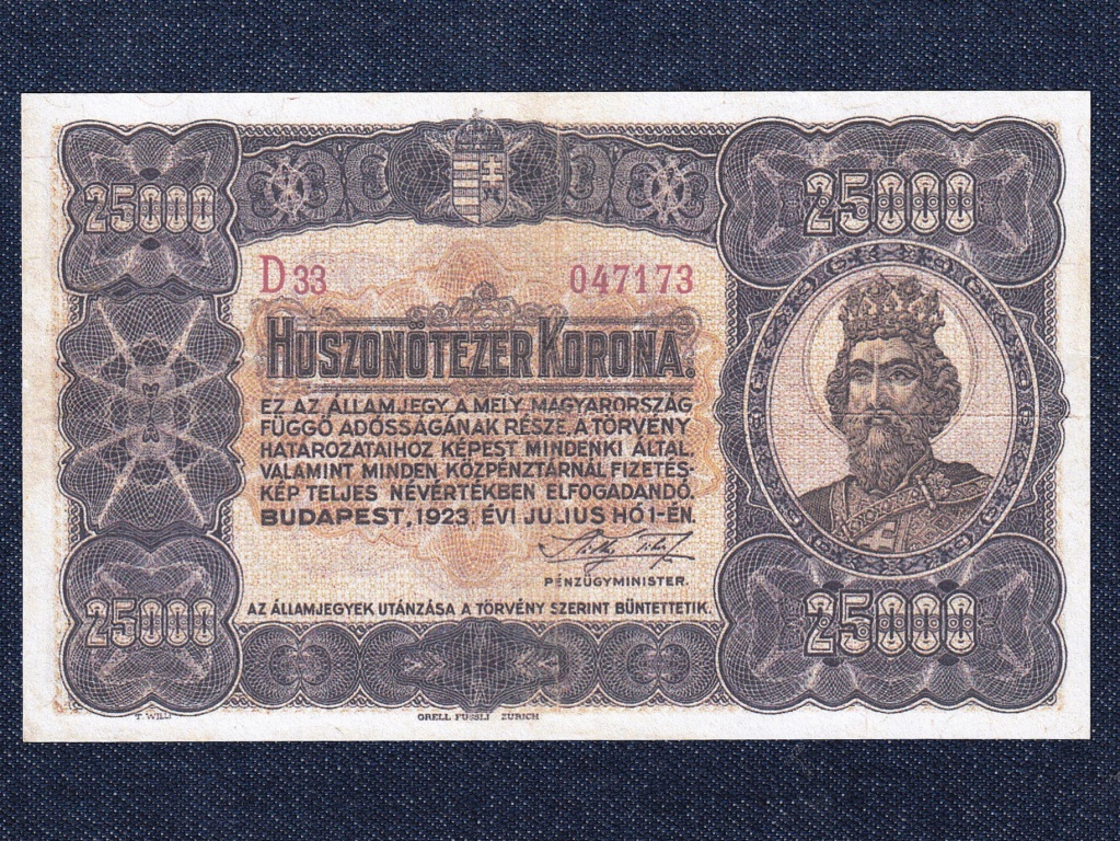 Kism&eacute;retű Korona &aacute;llamjegyek 25000 Korona bankjegy