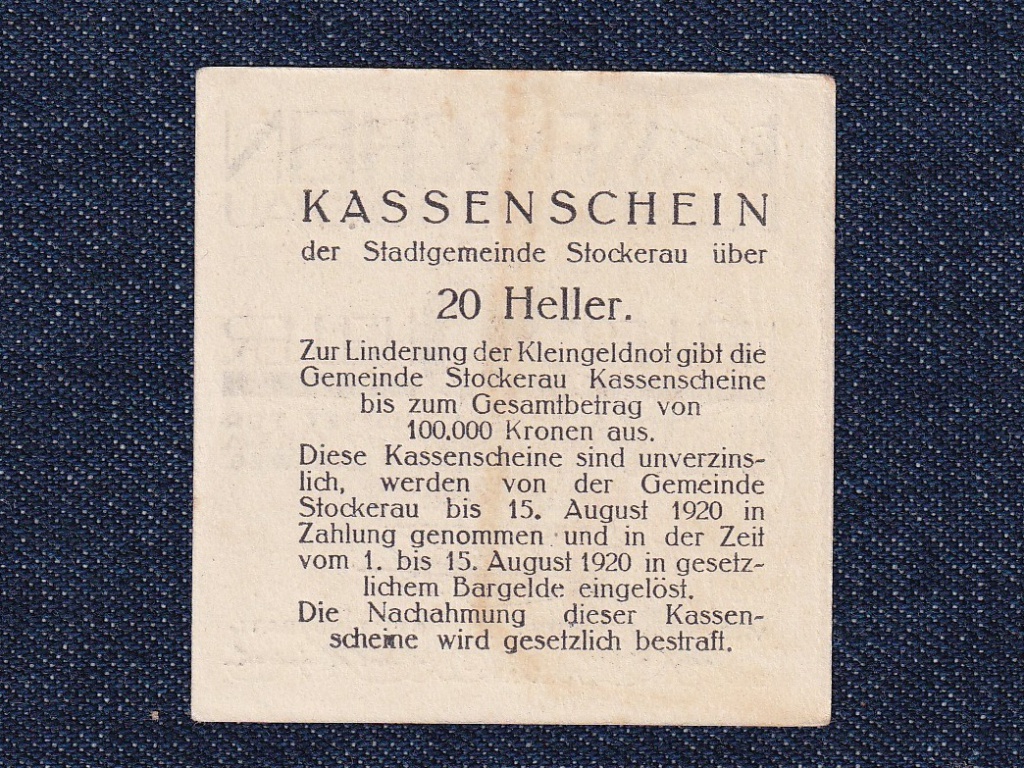 Ausztria Stockerau 20 heller sz&uuml;ks&eacute;gp&eacute;nz