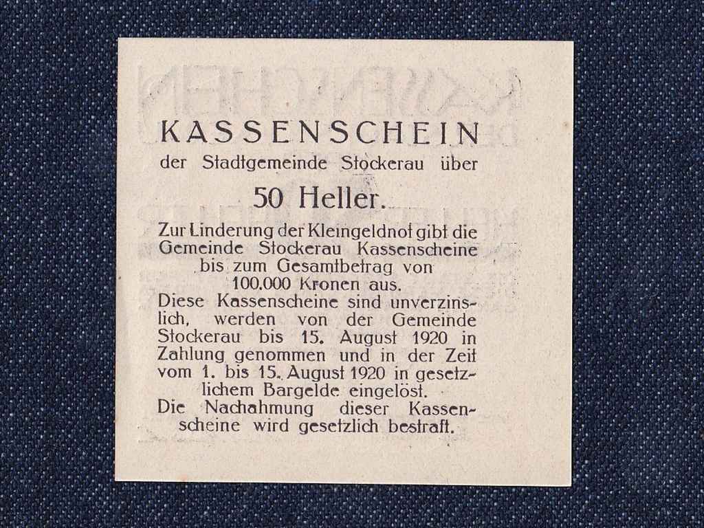Ausztria Stockerau 50 heller sz&uuml;ks&eacute;gp&eacute;nz