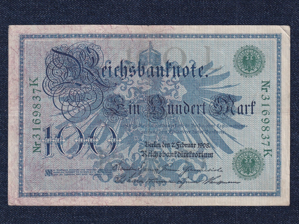 N&eacute;metorsz&aacute;g M&aacute;sodik Birodalom (1871-1918) z&ouml;ld pecs&eacute;t 100 M&aacute;rka bankjegy
