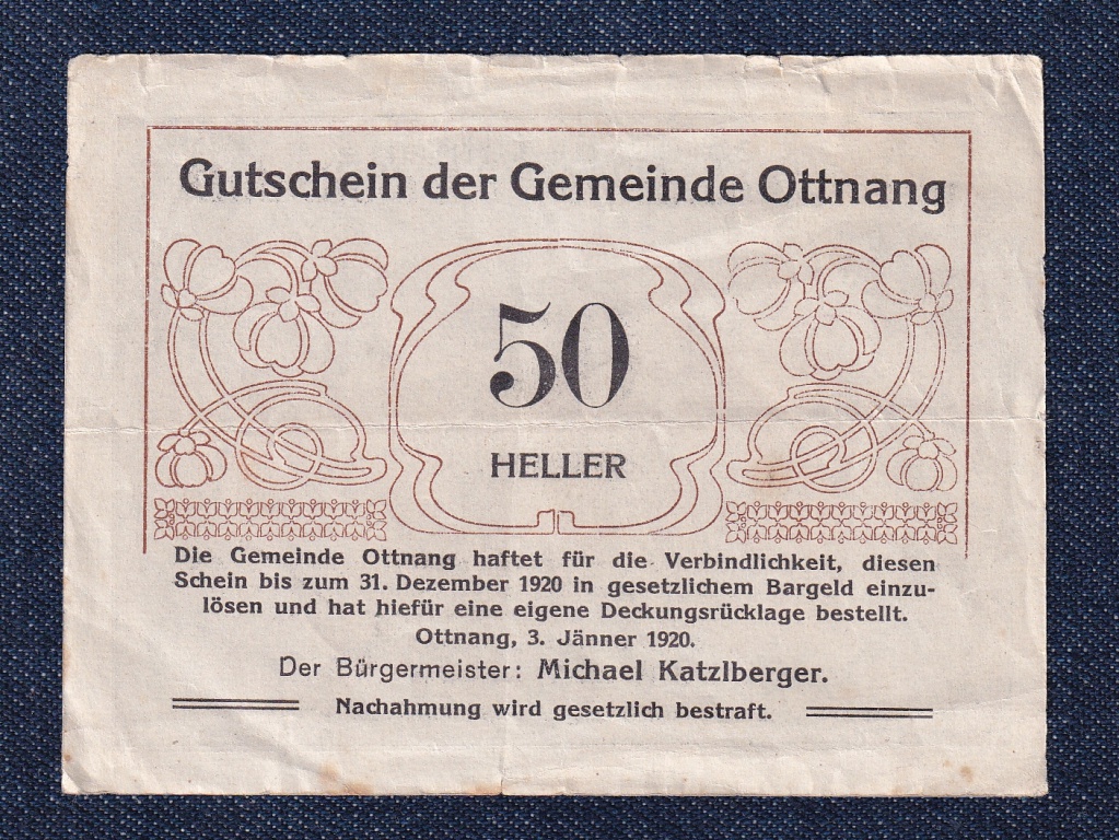 Ausztria Ottnang 50 heller sz&uuml;ks&eacute;gp&eacute;nz
