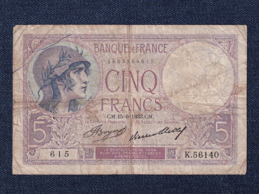 Franciaorsz&aacute;g 5 frank bankjegy