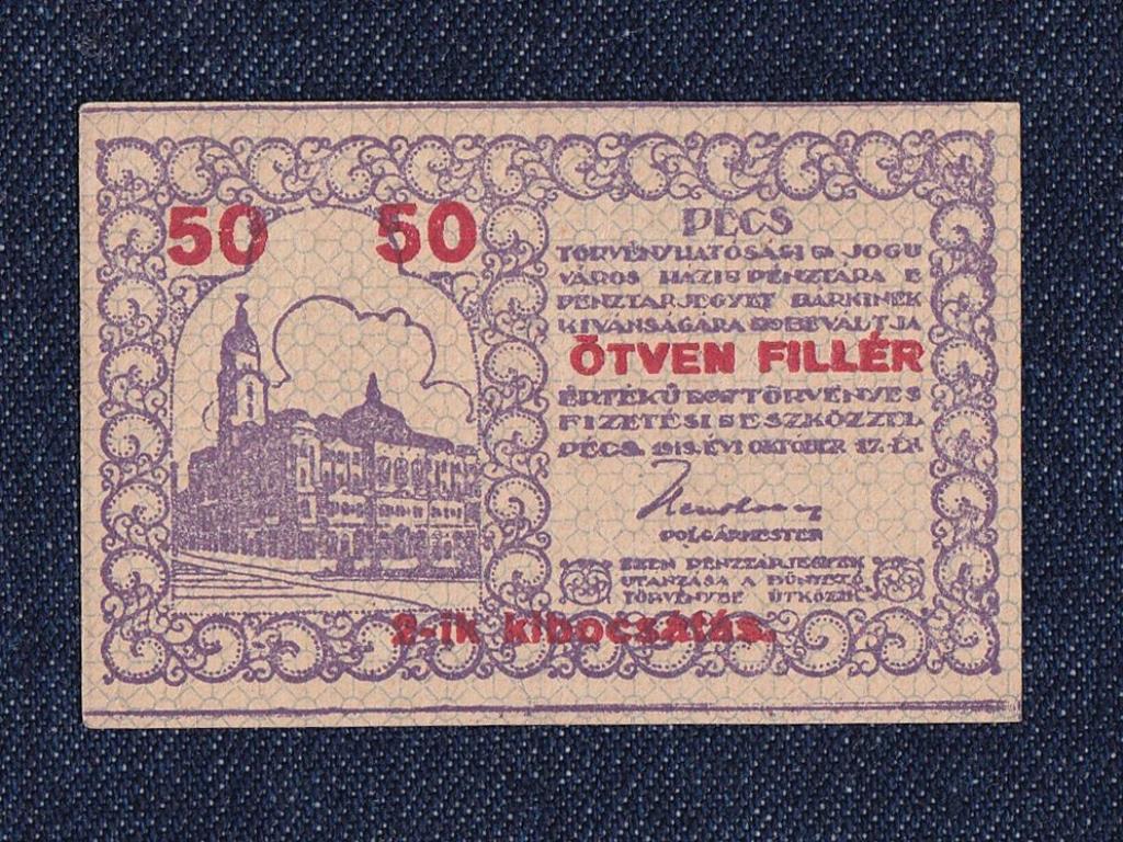 P&eacute;cs Szabad Kir&aacute;lyi V&aacute;ros P&eacute;nzt&aacute;rjegye 50 fill&eacute;r sz&uuml;ks&eacute;gp&eacute;nz