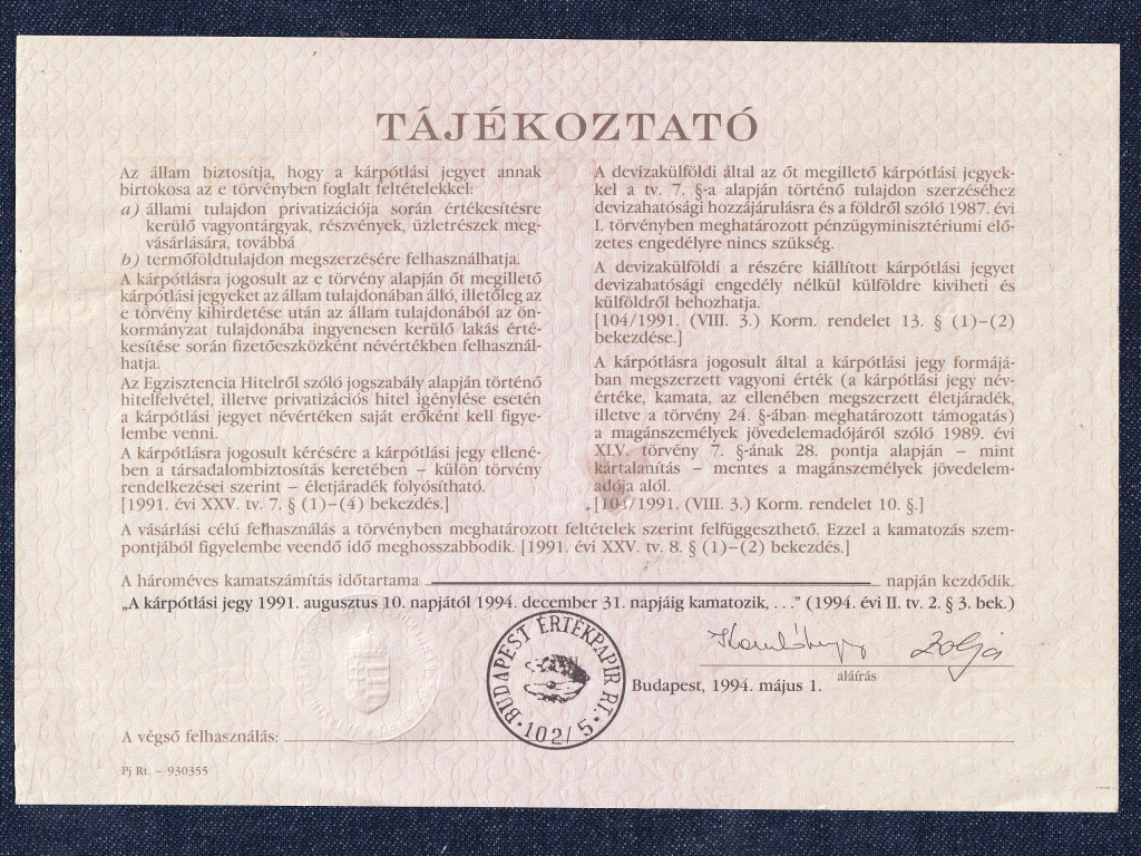 K&aacute;rp&oacute;tl&aacute;si jegy 1000 Forint bankjegy