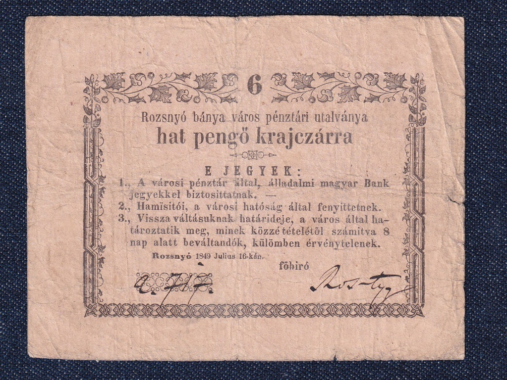 Rozsny&oacute; 6 Pengő Krajcz&aacute;rra bankjegy