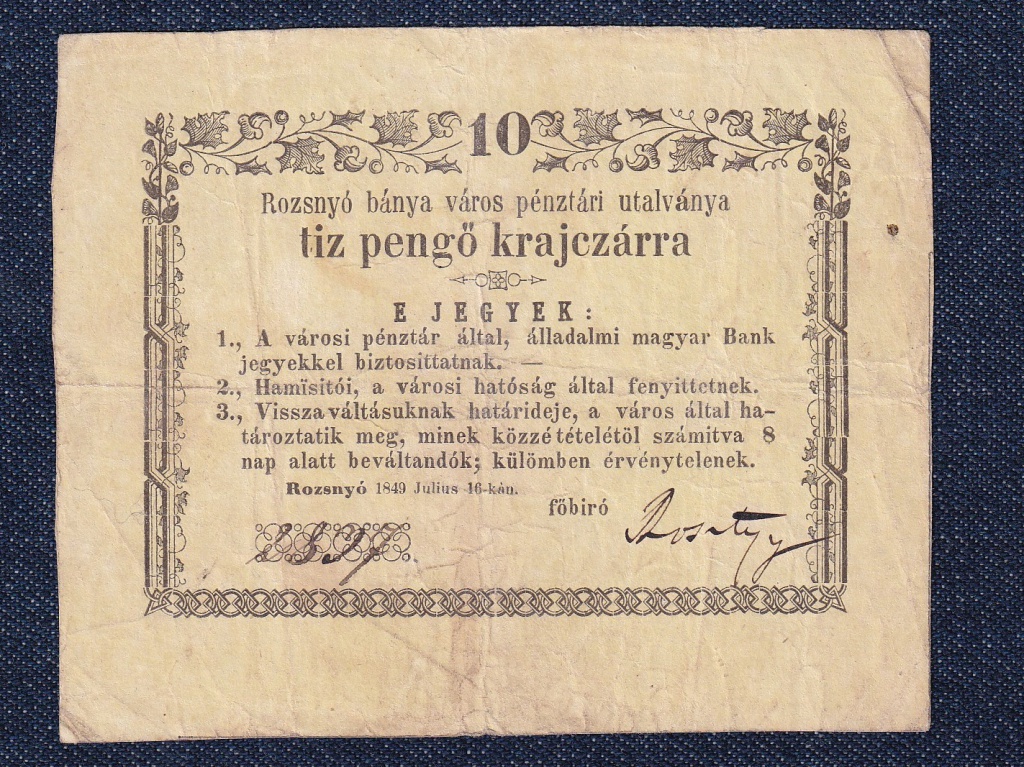 Rozsny&oacute; 10 Pengő Krajcz&aacute;rra bankjegy