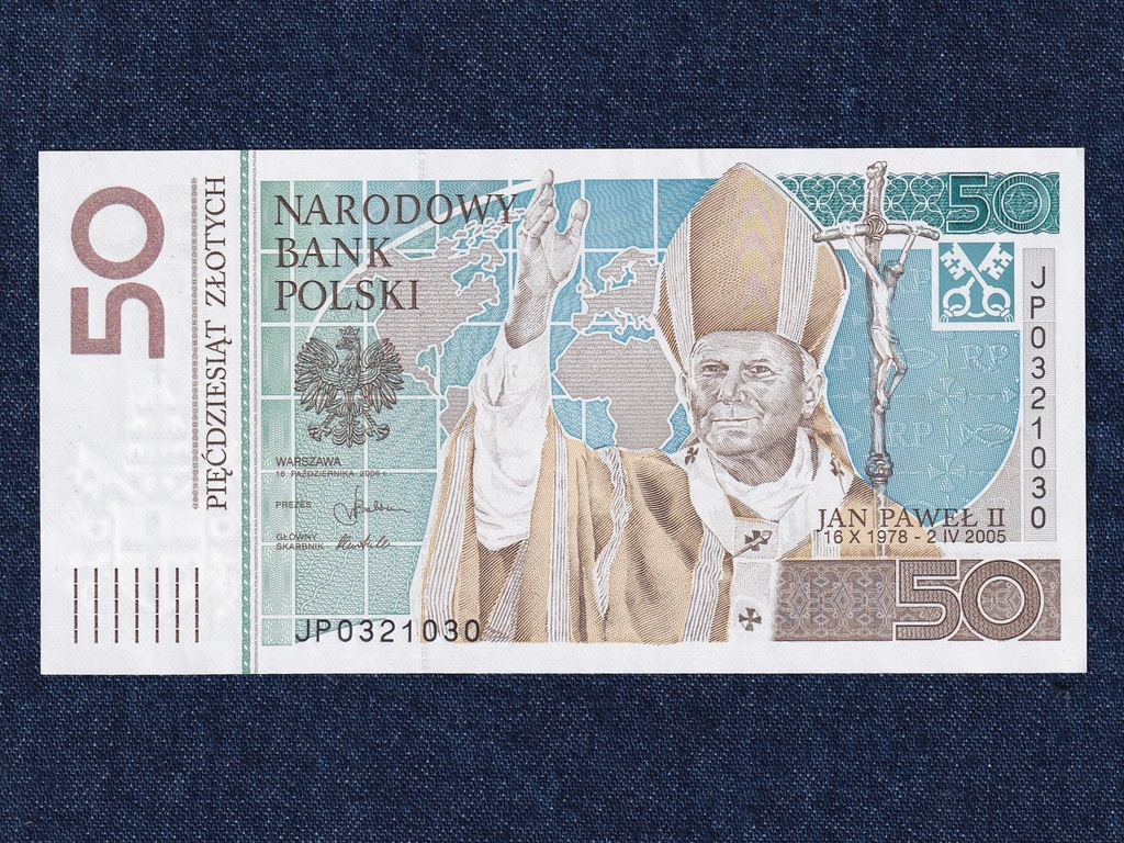 Lengyelorsz&aacute;g II. J&aacute;nos P&aacute;l P&aacute;pa 50 Zloty bankjegy