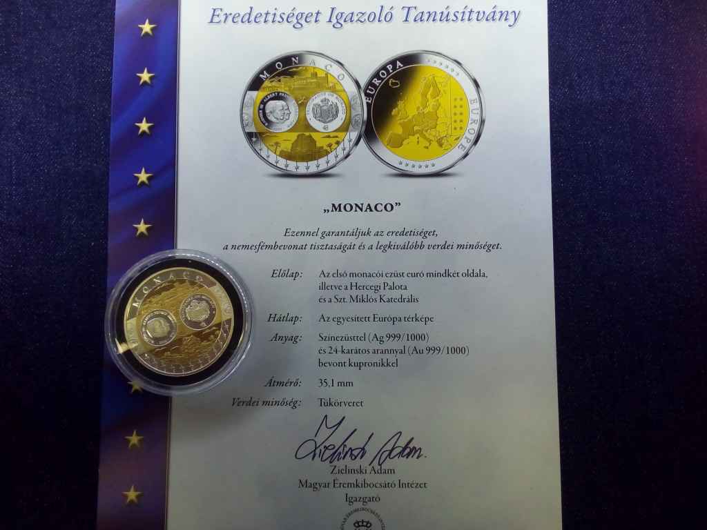 Eur&oacute;&ouml;vezet orsz&aacute;gainak k&ouml;z&ouml;s valut&aacute;ja Monak&oacute; aranyozott eml&eacute;k&eacute;rem