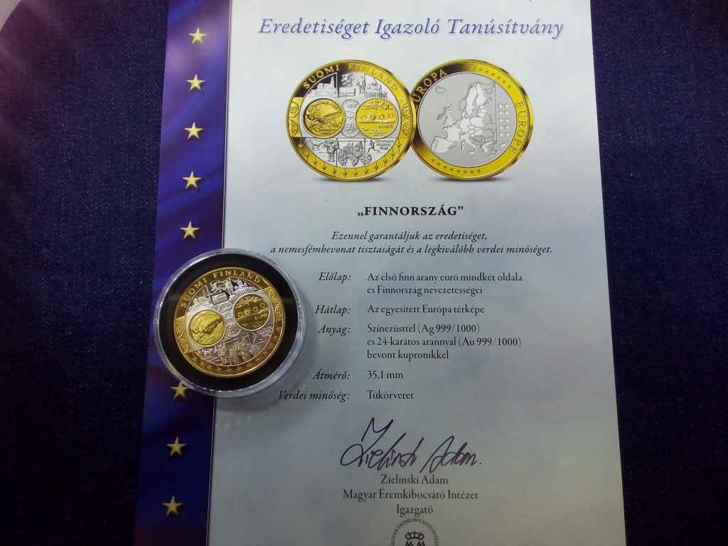 Eur&oacute;&ouml;vezet orsz&aacute;gainak k&ouml;z&ouml;s valut&aacute;ja Finnorsz&aacute;g aranyozott eml&eacute;k&eacute;rem