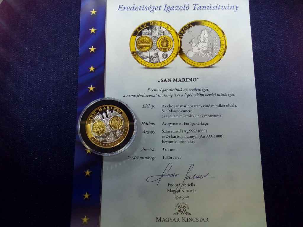Eur&oacute;&ouml;vezet orsz&aacute;gainak k&ouml;z&ouml;s valut&aacute;ja San Marino aranyozott eml&eacute;k&eacute;rem