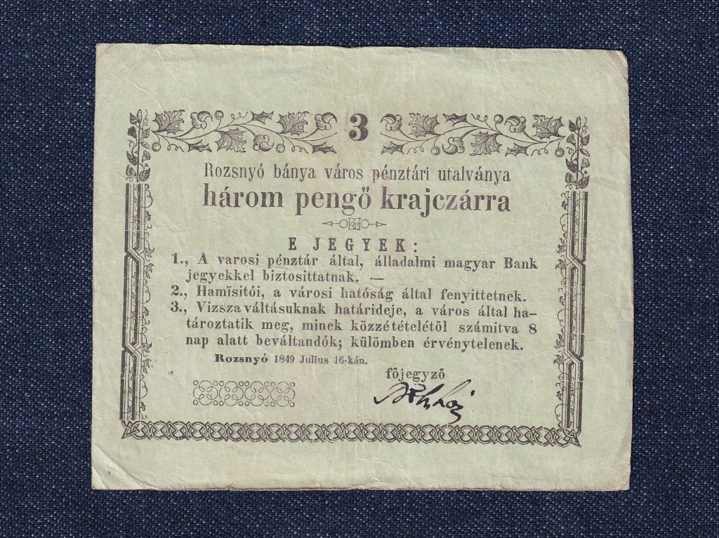 Rozsny&oacute; 3 Pengő Krajcz&aacute;rra bankjegy